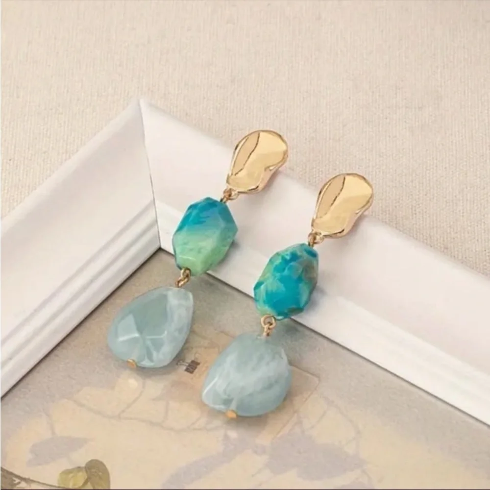 Gold & Blue Beaded Stone Dangle Earrings